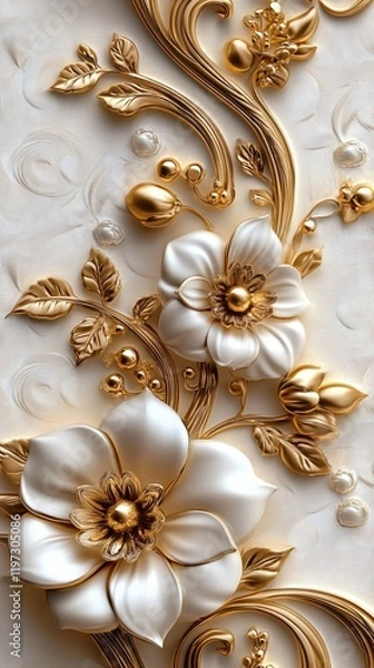 Obraz Elegant Gold and White Floral 3D Design Luxurious Background Wallpaper
