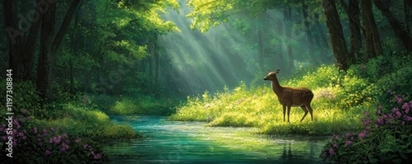 Fototapeta Serene Forest Scene with Gentle Deer by a Tranquil Stream