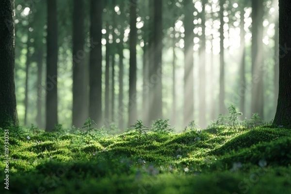 Fototapeta Serene Forest Landscape with Lush Green Moss and Sunlight Rays