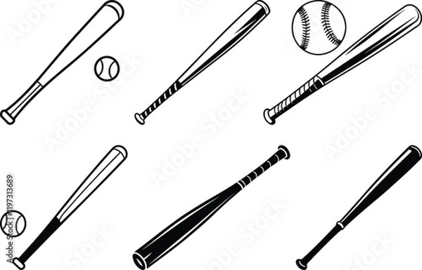Fototapeta Baseball bat and a ball set vector illustration, baseball bat and a ball silhouette vector art, baseball bat and a ball line art vector design