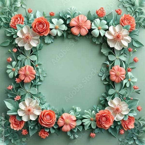 Obraz Soft mint green and coral floral designs framing the edges for a refreshing delicate border frame in mint coral floral border frame pattern background