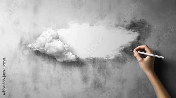 Fototapeta Creative hand painting a white cloud on a textured gray wall with empty space for additional text or design elements. Generative AI