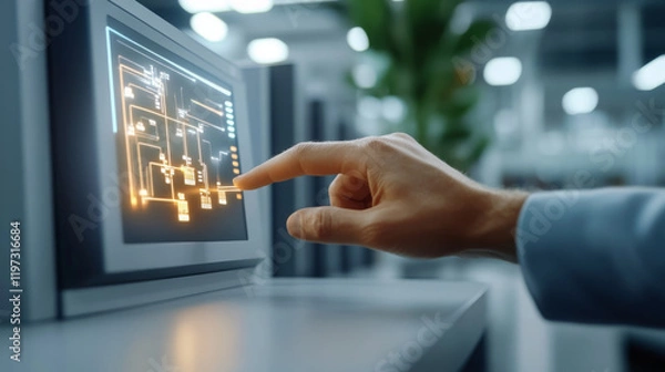 Fototapeta Electric grid operator monitoring energy flow digital screen, showcasing intricate connections and data visualization. focused hand interacts with interface, emphasizing precision and technology