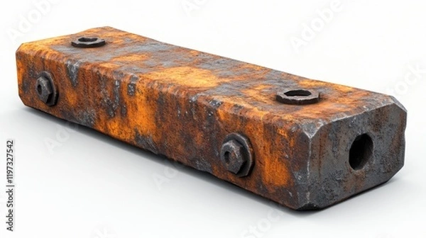 Fototapeta Rusty metal block with holes and bolts, isolated on white background.