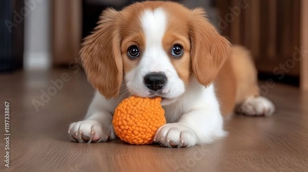 Obraz Adorable Playful Puppy Joyfully Holding a Colorful Toy in Its Mouth While Sitting on Soft Grass Under Bright Sunlight in a Cheerful Outdoor Setting