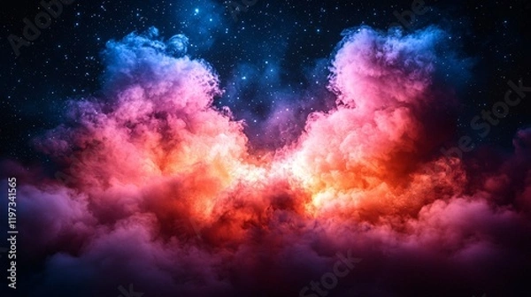 Fototapeta Colorful cloudscape at night, vibrant hues of red, pink, and blue against a starry sky.