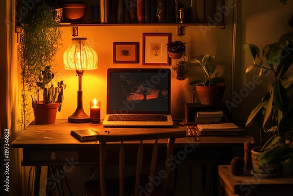 Fototapeta Cozy wooden workspace corner with warm lighting and greenery at night