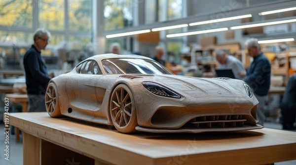 Fototapeta Clay model of a sports car in a design studio.