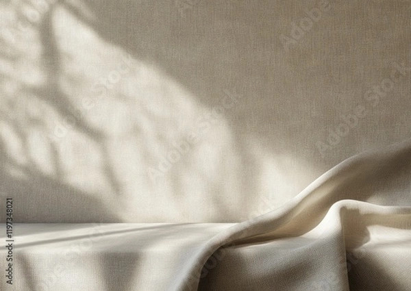 Obraz A beige wall with an abstract fabric background for product presentation, a table covered in a gray linen cloth on the right side of the image.