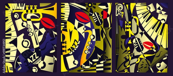 Fototapeta Design banner jazz music in retro geometric abstraction style. Triptych painting. Vector illustration