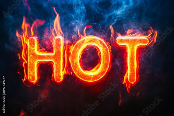Obraz Front view burning sign HOT with effect of flames on abstract blue dark background with smoke effect.
