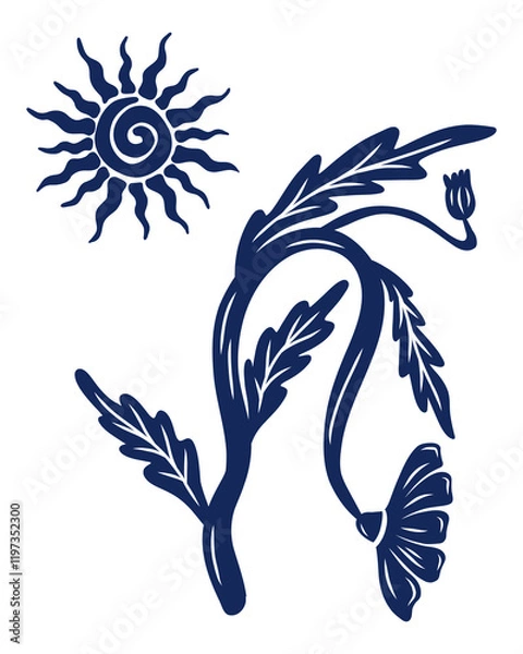 Fototapeta Leaf plant, botanical artwork poster silhouette vector illustration asset element nature, tropical leafs textie print art editable