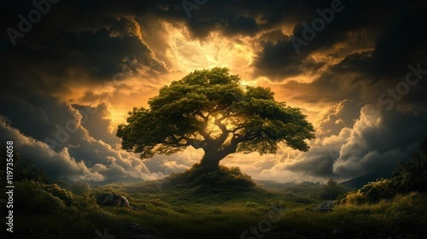 Obraz Solitary Tree Standing Tall in Open Field Under Dramatic Cloudy Sky Evoking Feelings of Peacefulness and Connection to Nature in Tranquil Landscape