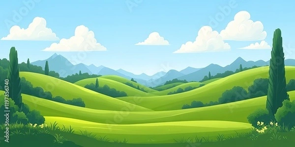 Fototapeta Lush green hills under a bright blue sky with fluffy clouds and distant mountains in a serene landscape setting