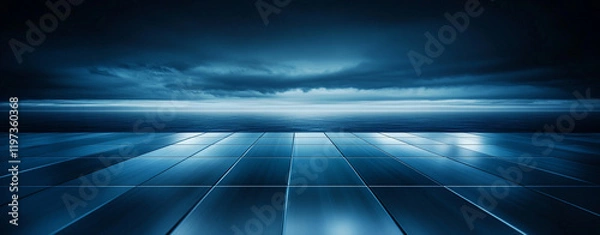Fototapeta Abstract futuristic blue neon technology grid perspective horizon dark floor digital cyber space platform background