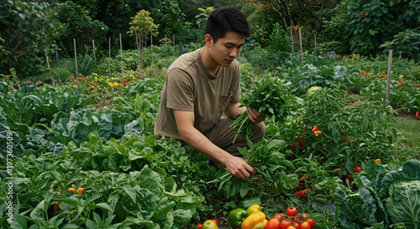 Fototapeta person picking vegetables in the garden