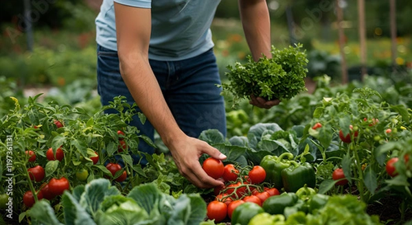 Fototapeta person picking tomatoes in the garden	