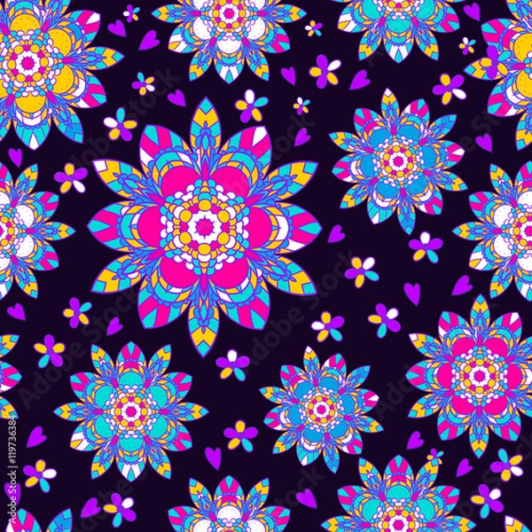 Obraz Vector flower pattern. Seamless botanic texture, detailed flowers illustrations. Floral pattern in doodle style, spring floral background