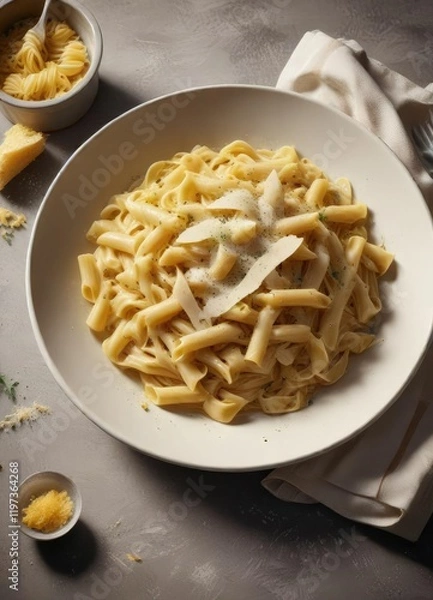 Obraz A steaming plate of freshly cooked pasta with a generous portion of creamy sauce and melted parmesan cheese, Italian food, culinary art