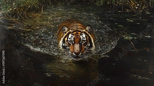 Fototapeta Tiger Swimming Through Murky Floodwaters in Search of Prey and Survival