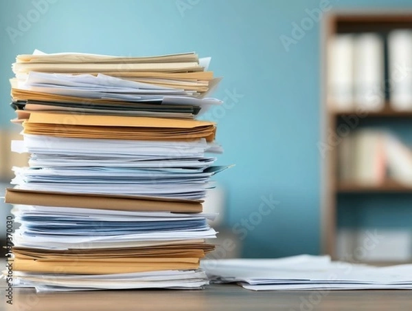 Fototapeta A cluttered stack of paperwork on a desk, symbolizing office work, organization, and the busy nature of modern business life.