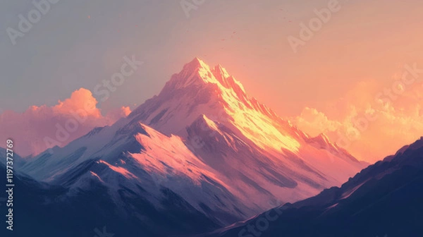 Fototapeta Majestic Mountain Peak at Sunset with Soft Clouds and Vibrant Colors Reflecting on Snow-Capped Summit, Perfect for Nature and Adventure Themes