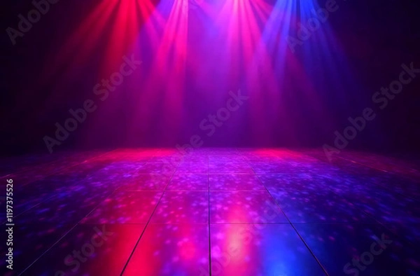 Fototapeta Vibrant dance floor with colorful lighting. A colorful dance floor illuminated by red and blue lights, creating a vivid atmosphere in a dark venue.
