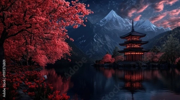 Obraz Vibrant Red Tree Standing Majestically Against a Stunning Mountain Backdrop Under Clear Blue Sky Evoking Feelings of Peace and Natural Beauty