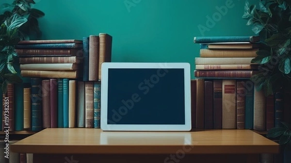 Fototapeta Tablet and Books: Digital and Traditional Reading