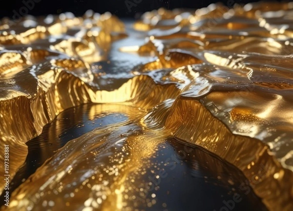 Fototapeta A glowing liquid flows through a narrow channel made of gold, its surface rippling with iridescent colors, golden stream, flowing liquid