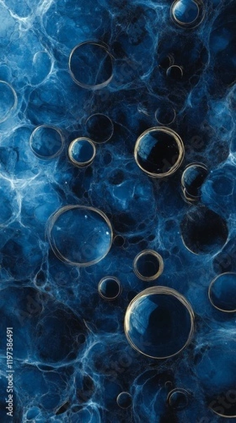 Fototapeta Bubbles floating in a deep blue abstract background with intricate textures and patterns