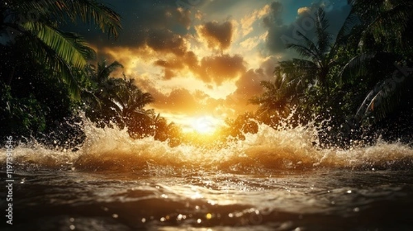 Obraz Breathtaking Sunset Over Rolling Ocean Waves with Vibrant Colors Blending into the Sky Creating a Tranquil and Inspiring Seascape Experience