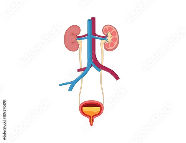 Fototapeta The human urinary system, including kidneys, ureters, bladder, and urethra, filters blood, removes waste, and maintains fluid balance for a healthy body.