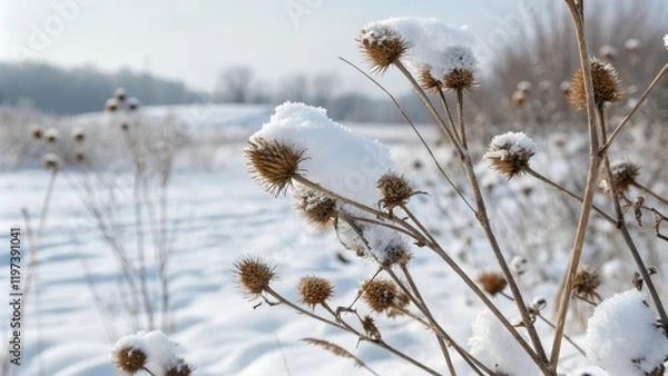 Fototapeta A bed of dry cocklebur thorns blanketed with a layer of snow, winter wonderland, prickly plants, frozen foliage, winter landscape