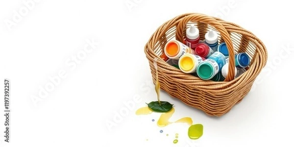 Fototapeta A watercolour paint stashed in a small wicker basket, , paint container