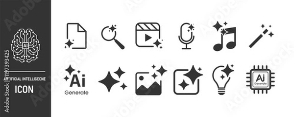 Fototapeta Set of generate ai icon. Creating images, videos, audio, and data with AI. Artificial intelligence icon element for application and web. Vector illustration.