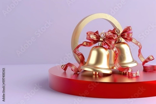 Fototapeta pair of Huge glossy shiny 3d golden Christian Christmas jingle bells with red ribbons patterns,Fox-shaped Christmas jingle bellsred podium, pale violet background