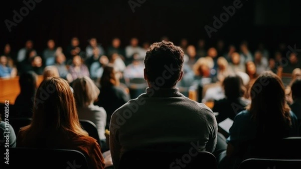 Obraz audience listening to a speaker in a conference or seminar, focus, engagement, and learning atmosphere