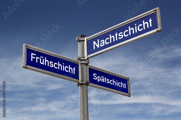 Obraz Strassenschild Wegweiser Frühschicht Spätschicht Nachtschicht
