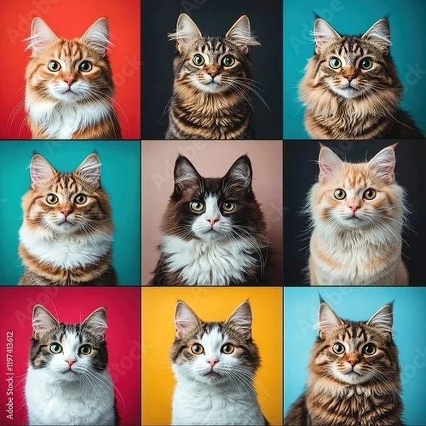 Fototapeta A grid of nine square photos featuring different breeds and coat patterns, each with the cat's head in focus against colorful backgrounds.