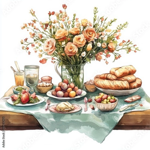 Fototapeta Watercolor painting of a table set with various food items