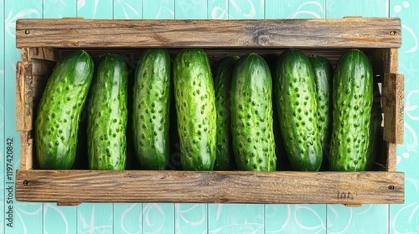 Fototapeta Isolated on white background a cluster of cucumbers neatly arranged in a wooden crate Stock Photo with side copy space