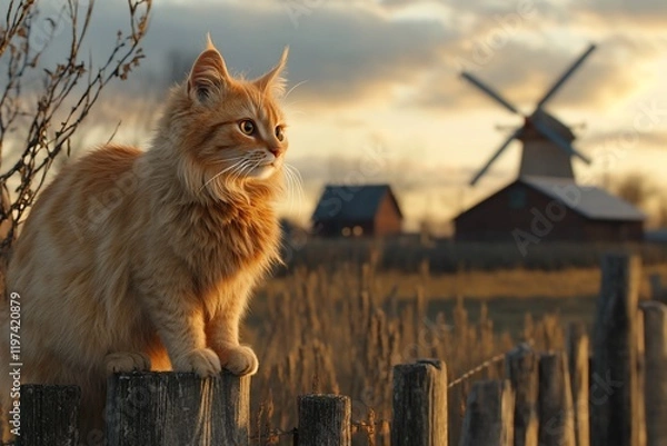 Fototapeta Ginger cat on fence, sunset, windmill, rural scene. Stock photo