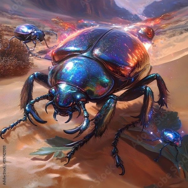Fototapeta Iridescent Beetle on a Leaf with Vibrant Lighting