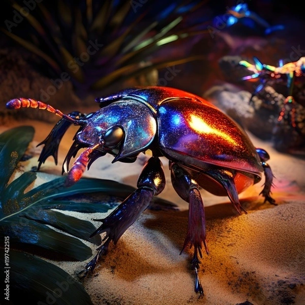 Fototapeta Iridescent Beetle on a Leaf with Vibrant Lighting