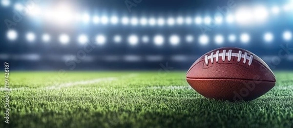Fototapeta American football on a grassy field with stadium lights in the background and ample copy space for text placement