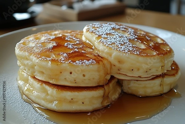 Fototapeta Fluffy pancakes drizzled with syrup and powdered sugar, a delicious breakfast treat.