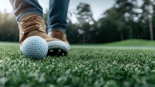 Fototapeta Close-up of a golf player preparing to putt on a lush green course with a focus on the club and ball, perfect for golf enthusiasts