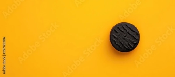 Fototapeta Black cookie on vibrant yellow background with ample copy space for text placement.