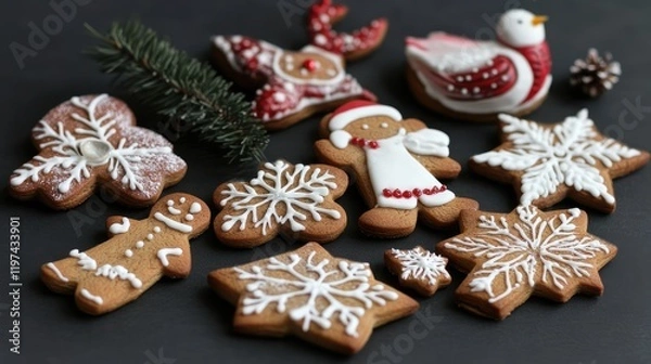 Fototapeta Assorted gingerbread cookies with white icing including snowflakes, a gingerbread man, and festive decorations on a dark background with pine branch.